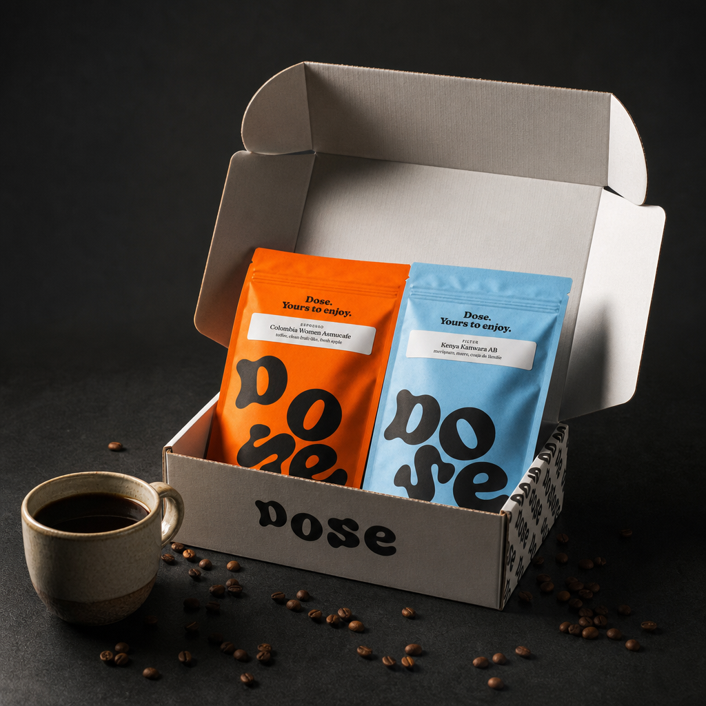 Pachet cadou de abonament Dose cafea de specialitate cu pungi colorate și boabe proaspete