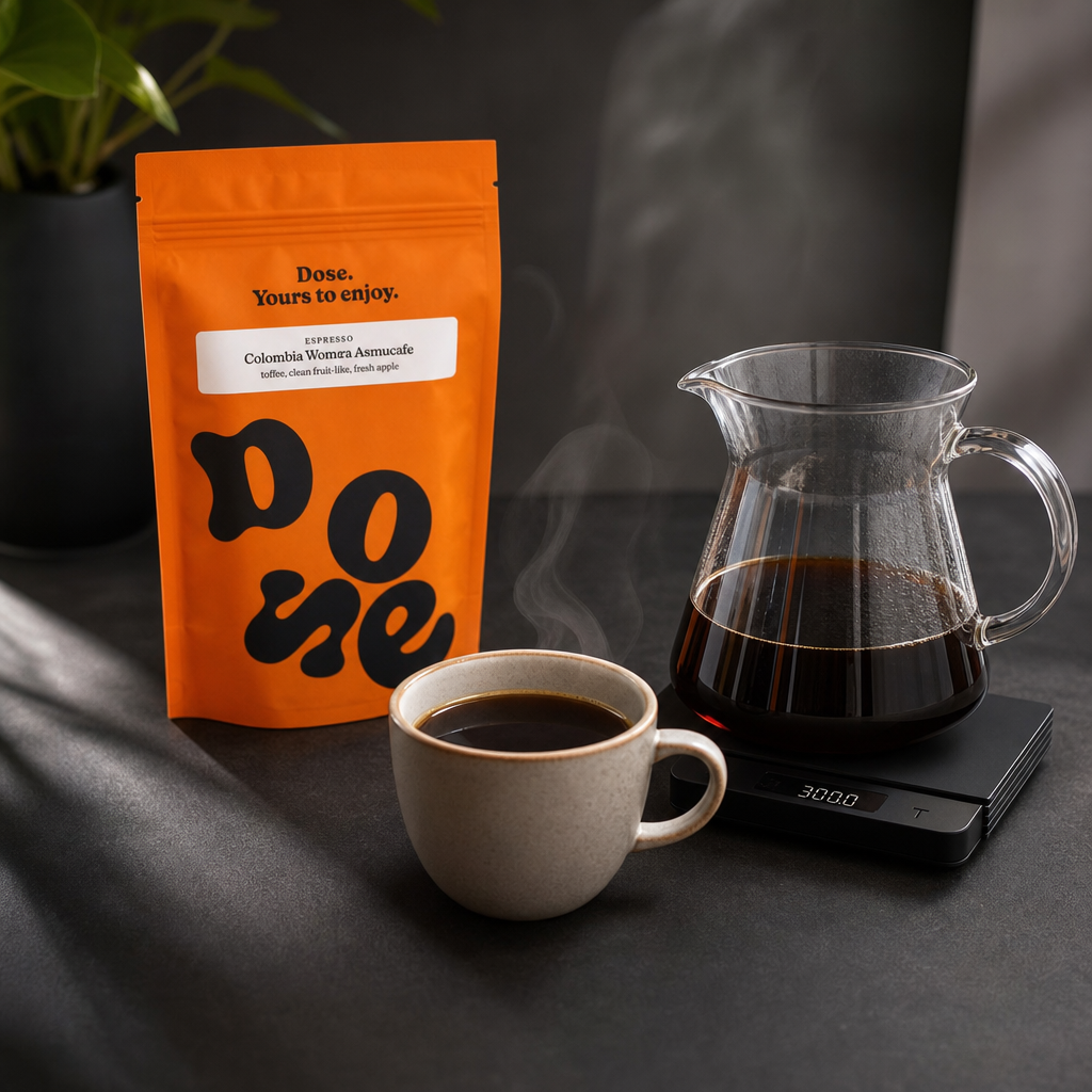 Pungă de cafea proaspăt prăjită Dose cu râșniță și portafilter proaspăt măcinat