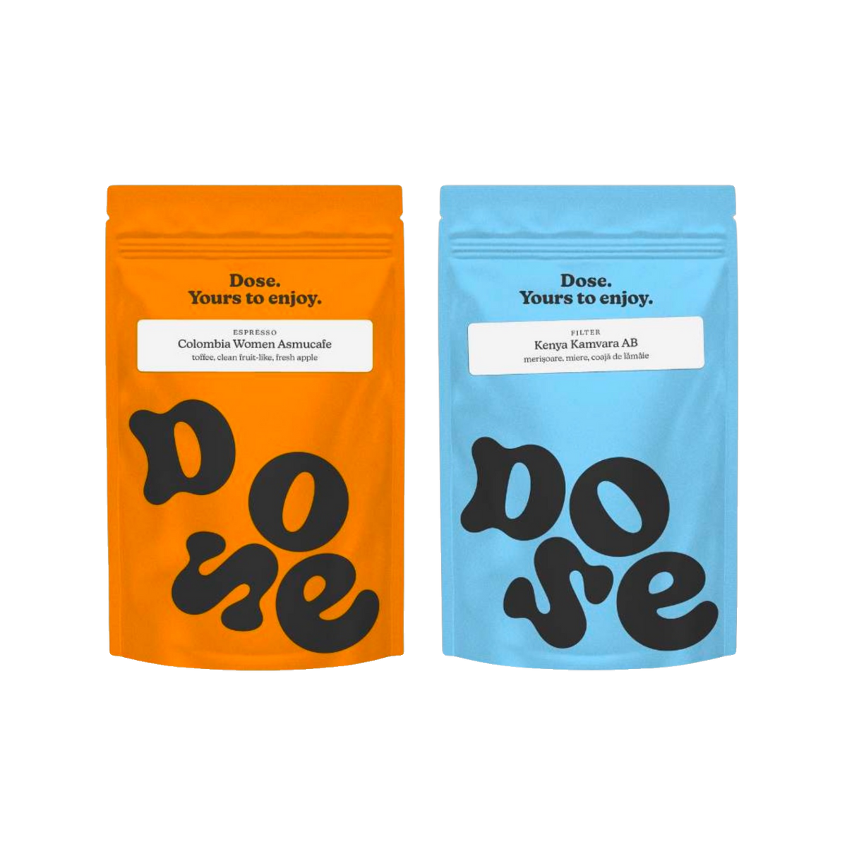 Abonament Dose: două pungi de cafea de specialitate de 250g, portocalie și albastră
